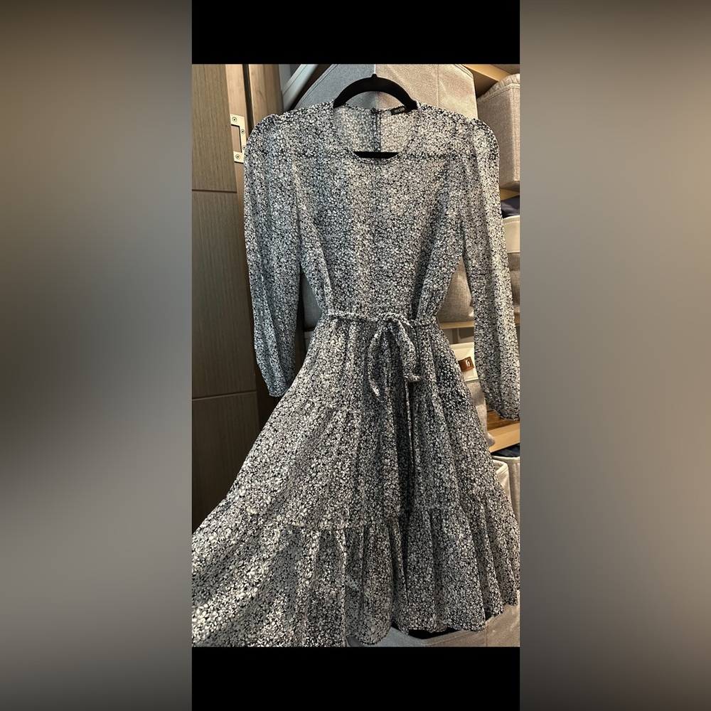 Maje Black & White Floral Tie-Waist Long Sleeve Midi Dress